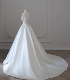 Simple White V-Neck Sleeveless Waisted A-Line Satin Wedding Dress HZ1022