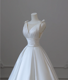 Simple White V-Neck Sleeveless Waisted A-Line Satin Wedding Dress HZ1022