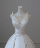 Simple White V-Neck Sleeveless Waisted A-Line Satin Wedding Dress HZ1022