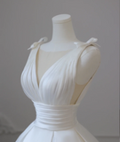 Simple White V-Neck Sleeveless Waisted A-Line Satin Wedding Dress HZ1022