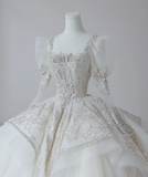 Fantasy French Square Neck Puff Sleeves Shiny Beaded Tulle Floor-Length Wedding Dress HZ1022