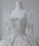 Fantasy French Square Neck Puff Sleeves Shiny Beaded Tulle Floor-Length Wedding Dress HZ1022