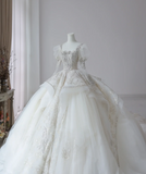 Fantasy French Square Neck Puff Sleeves Shiny Beaded Tulle Floor-Length Wedding Dress HZ1022