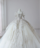 Fantasy French Square Neck Puff Sleeves Shiny Beaded Tulle Floor-Length Wedding Dress HZ1022