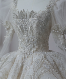 Fantasy French Square Neck Puff Sleeves Shiny Beaded Tulle Floor-Length Wedding Dress HZ1022