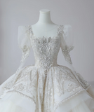 Fantasy French Square Neck Puff Sleeves Shiny Beaded Tulle Floor-Length Wedding Dress HZ1022