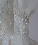 Fantasy French Square Neck Puff Sleeves Shiny Beaded Tulle Floor-Length Wedding Dress HZ1022