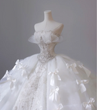 White Strapless Princess Off-shoulder Bowknot Tulle Wedding Dress HZ1022
