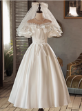 Vintage White Satin Puff Sleeve Bowknot One Shoulder Mid-Length Wedding Dress HZ1022