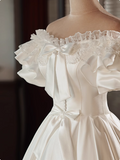 Vintage White Satin Puff Sleeve Bowknot One Shoulder Mid-Length Wedding Dress HZ1022
