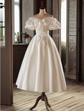 Vintage White Satin Puff Sleeve Bowknot One Shoulder Mid-Length Wedding Dress HZ1022