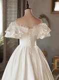 Vintage White Satin Puff Sleeve Bowknot One Shoulder Mid-Length Wedding Dress HZ1022