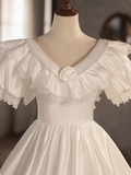 Vintage White V-Neck Short Sleeve A-Line Wedding Dress HZ1022