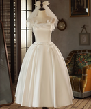 White Strap Bow Satin A-line Back Tie Light Wedding Dress HZ1022