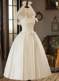 White Strap Bow Satin A-line Back Tie Light Wedding Dress HZ1022