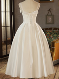 White Strap Bow Satin A-line Back Tie Light Wedding Dress HZ1022