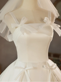 White Strap Bow Satin A-line Back Tie Light Wedding Dress HZ1022