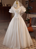 Vintage Satin V-Neck Short Sleeve Lace A-Line Wedding Dress HZ1022