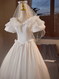 Vintage Satin V-Neck Short Sleeve Lace A-Line Wedding Dress HZ1022