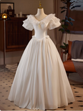 Vintage Satin V-Neck Short Sleeve Lace A-Line Wedding Dress HZ1022