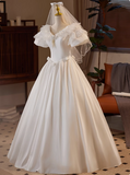 Vintage Satin V-Neck Short Sleeve Lace A-Line Wedding Dress HZ1022