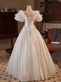 Vintage Satin V-Neck Short Sleeve Lace A-Line Wedding Dress HZ1022