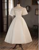 Vintage One Shoulder Lace Trim Short Sleeve A-Line Back Tie Wedding Dress HZ1022