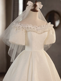 Vintage One Shoulder Lace Trim Short Sleeve A-Line Back Tie Wedding Dress HZ1022