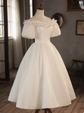 Vintage One Shoulder Lace Trim Short Sleeve A-Line Back Tie Wedding Dress HZ1022