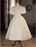 Vintage One Shoulder Lace Trim Short Sleeve A-Line Back Tie Wedding Dress HZ1022