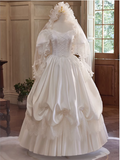 French Retro Palace Off-shoulder Satin Lace Wedding Dress HZ1022