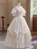 French Retro Palace Off-shoulder Satin Lace Wedding Dress HZ1022