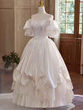 French Retro Palace Off-shoulder Satin Lace Wedding Dress HZ1022