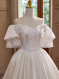 French Retro Palace Off-shoulder Satin Lace Wedding Dress HZ1022