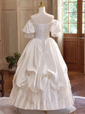 French Retro Palace Off-shoulder Satin Lace Wedding Dress HZ1022