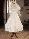 Princess Round Neck Puff Sleeves Satin Short A-Line Wedding Dress HZ1022