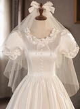 Princess Round Neck Puff Sleeves Satin Short A-Line Wedding Dress HZ1022