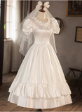 Princess Round Neck Puff Sleeves Satin Short A-Line Wedding Dress HZ1022