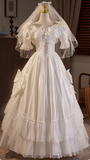 French Retro Short Sleeve Bow Satin Lace Wedding Dress HZ1022