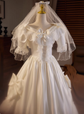 French Retro Short Sleeve Bow Satin Lace Wedding Dress HZ1022