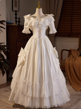 French Retro Short Sleeve Bow Satin Lace Wedding Dress HZ1022