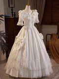 French Retro Short Sleeve Bow Satin Lace Wedding Dress HZ1022