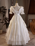 French Retro Short Sleeve Bow Satin Lace Wedding Dress HZ1022