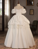 Elegant White Strap Vintage Puff Sleeve Satin Wedding Dress HZ1022