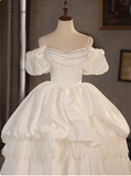 Elegant White Strap Vintage Puff Sleeve Satin Wedding Dress HZ1022