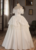 Elegant White Strap Vintage Puff Sleeve Satin Wedding Dress HZ1022