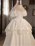 Elegant White Strap Vintage Puff Sleeve Satin Wedding Dress HZ1022