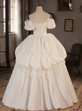 Elegant White Strap Vintage Puff Sleeve Satin Wedding Dress HZ1022
