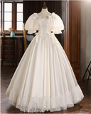 French Princess Puff Sleeve Satin Lace Tutu Wedding Dress HZ1022