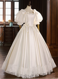 French Princess Puff Sleeve Satin Lace Tutu Wedding Dress HZ1022